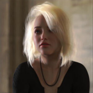 Painted portrait of a woman with short blonde hair, wearing a black pearl necklace and a black shirt. She is against an out of focus dimly lit background. She has her head turned slightly to the left of frame, and her eyes are looking away from the viewer. Her expression is relaxed.