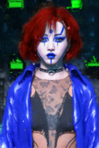 Painting of a woman with reddish-brown hair, wearing a bright blue jacket and a black top. Her face is painted white, with blue around the eyes, lips, brow, and cheeks. She is wearing a goth collar around her neck, black with metal circlets. The background is dark, with four splashes of bright green rectangular light against the dark. The woman is looking at the viewer.