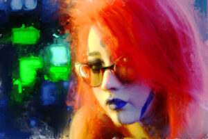 Painted portrait of a woman with bright red hair, wearing white face makeup, with blue lipstick and blue lines on her cheeks and chin. She is wearing black glasses with cat's eye frames. The background is dark with splashes of bright green. The woman is looking at the viewer.